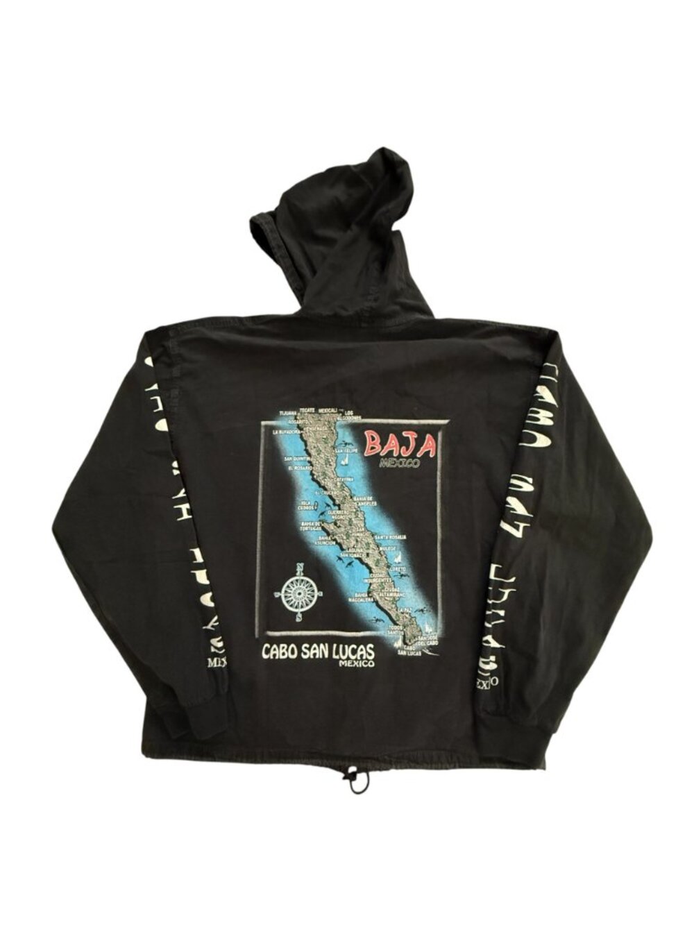 Vintage Cabo San Lucas Baja Mexico Lightweight Hooded Jacket Map Print Black Lg. - Picture 2 of 12